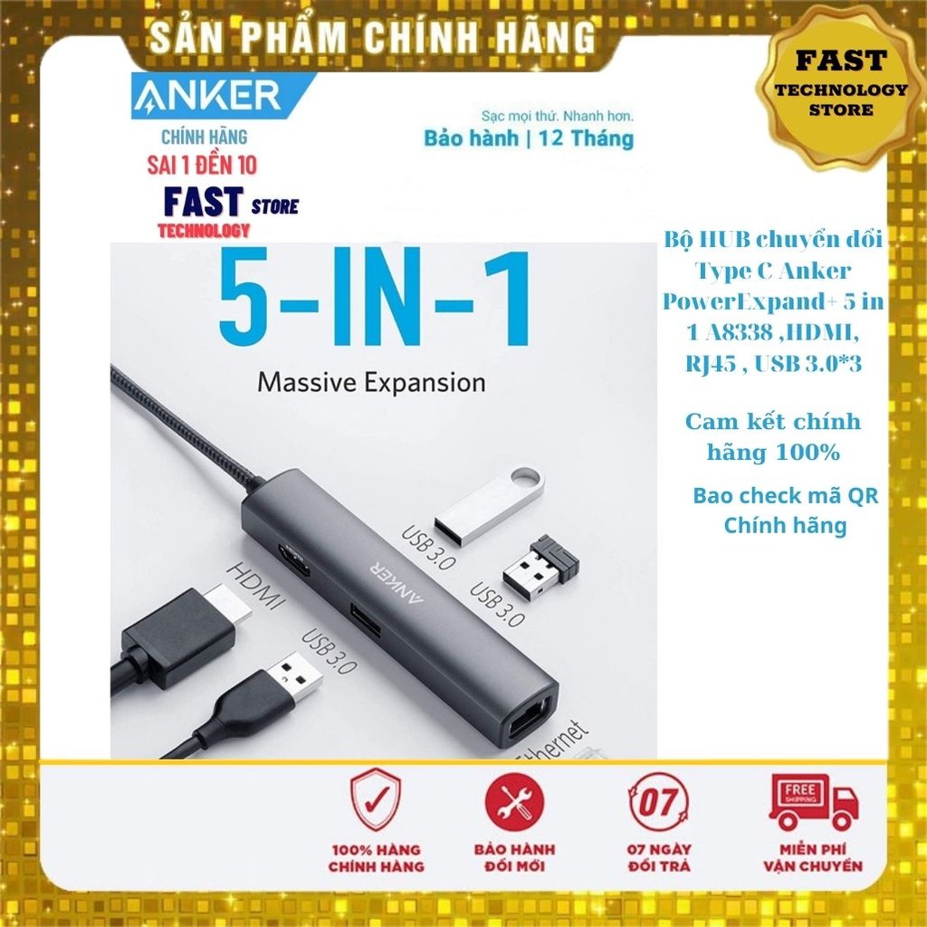 Hub chia Anker 5in1 Type C ra cổng HDMI USB 3.0 Ethernet Hub type c Anker 3in1 A8339