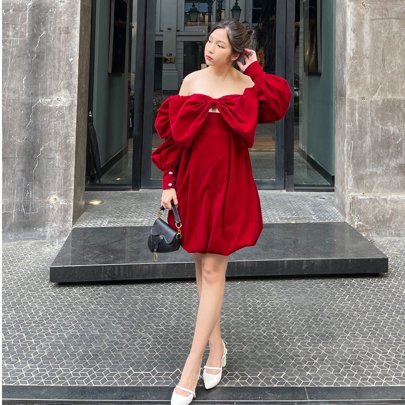 Váy nhung nơ xoè hai màu đỏ đen