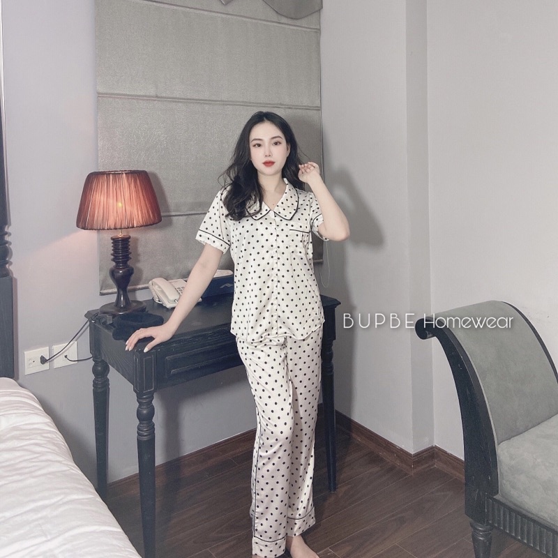Đồ bộ nữ, pijama dễ thương, SOMNIA, đồ ngủ bigsize, bộ lụa mặc nhà họa tiết chấm bi, pyjama cao cấp lụa hàn