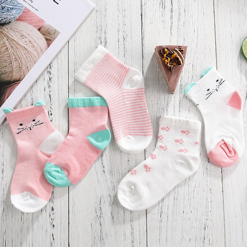 Set 5 đôi tất, vớ lưới ZAKUDO cổ dài điều hòa chống trượt chất cotton co giãn ấm áp cho bé TTE12