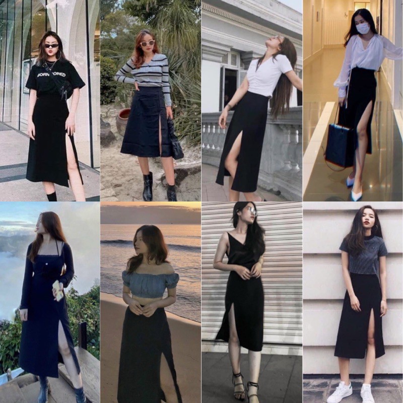 Chân Váy Đen Midi Form dài xẻ tà thiết kế form chuẩn dễ phối đồ