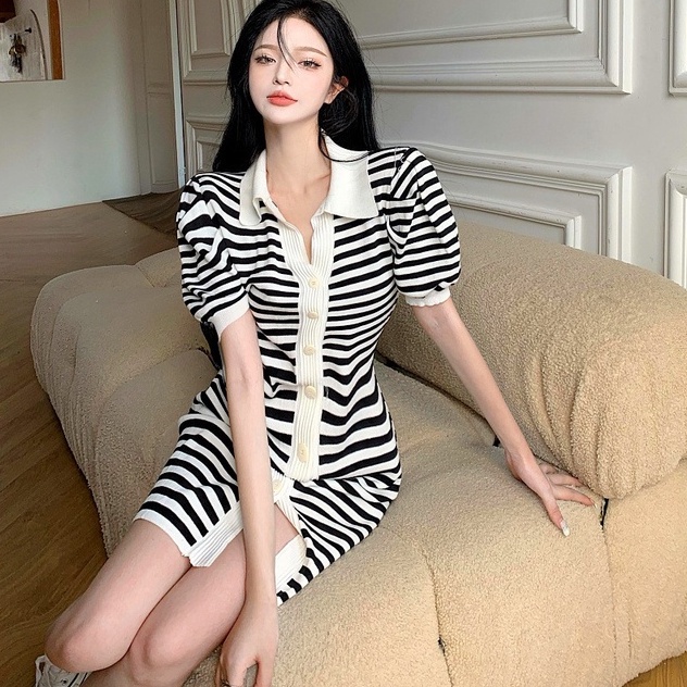Đầm ZHELIHANGFEI dệt kim cổ polo họa tiết kẻ sọc thời trang trẻ trung dành cho nữ