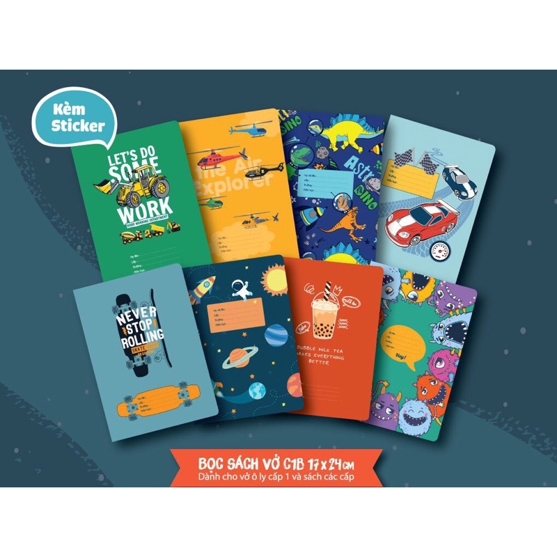 Bộ 8 giấy bọc vở ô ly kèm sticker (Giấy bao tập) Mây C1B