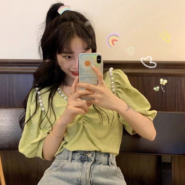 Áo Sơ Mi Tay Phồng Cổ Chữ V Đính Ngọc Trai Thời Trang Mùa Hè Hàn Quốc 2022 Mới