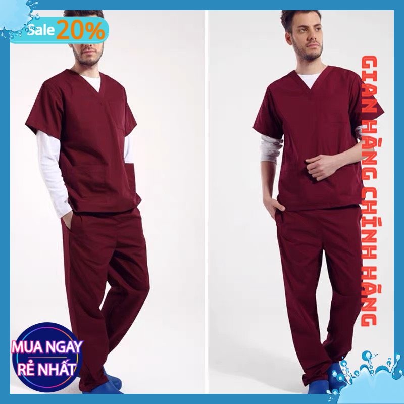 Bộ Scrubs Bác Sĩ,Bộ Đồ Cổ Tim Spa Đỏ Đô Hàng Cao Cấp