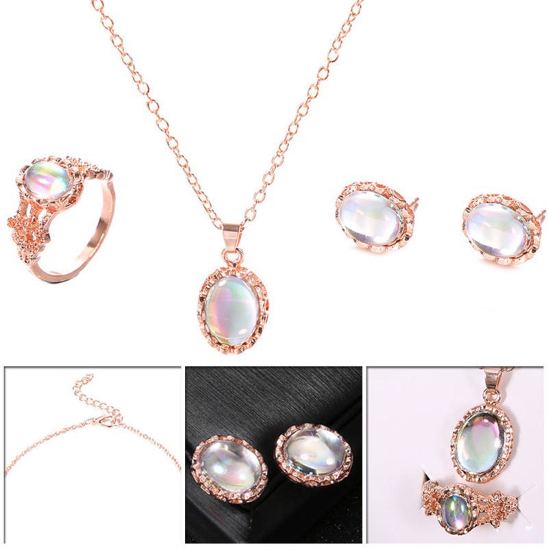 Set dây chuyền và nhẫn và khuyên tai đính đá opal tự nhiên