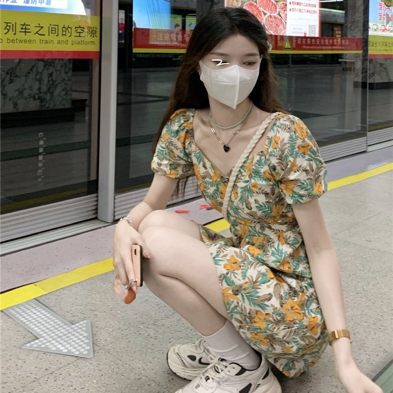 Đầm Hoa Tay Phồng Ngắn Thời Trang Mùa Hè Pháp Ngọt Ngào Cho Nữ