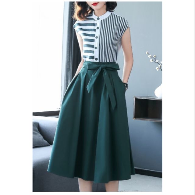 SET ÁO SƠ MI SỌC + CHÂN VÁY XÒE CAO CẤP
