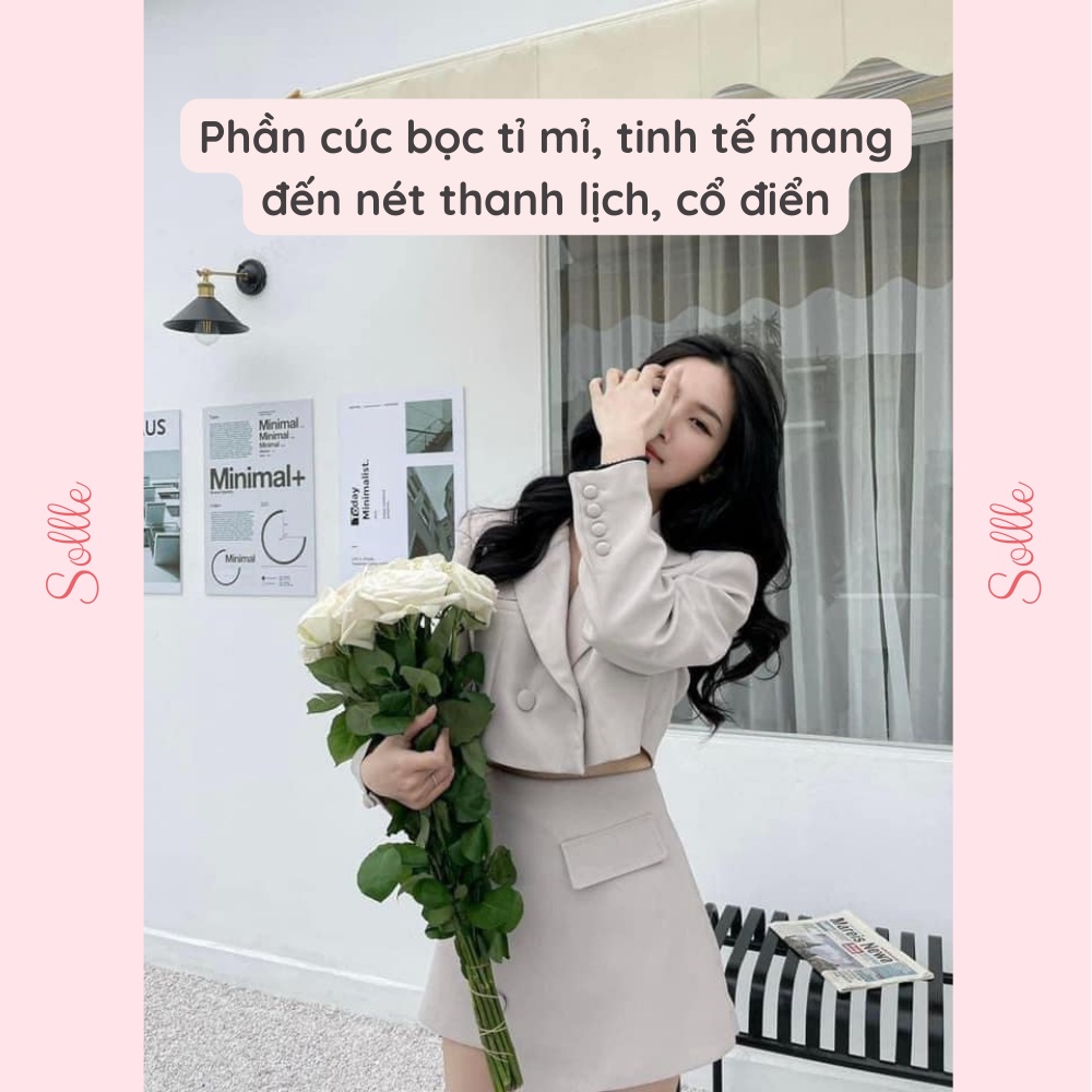 Set đồ nữ áo blazer dáng ngắn đệm vai cúc bọc kèm quần giả váy vạt xéo nhiều màu Sollle