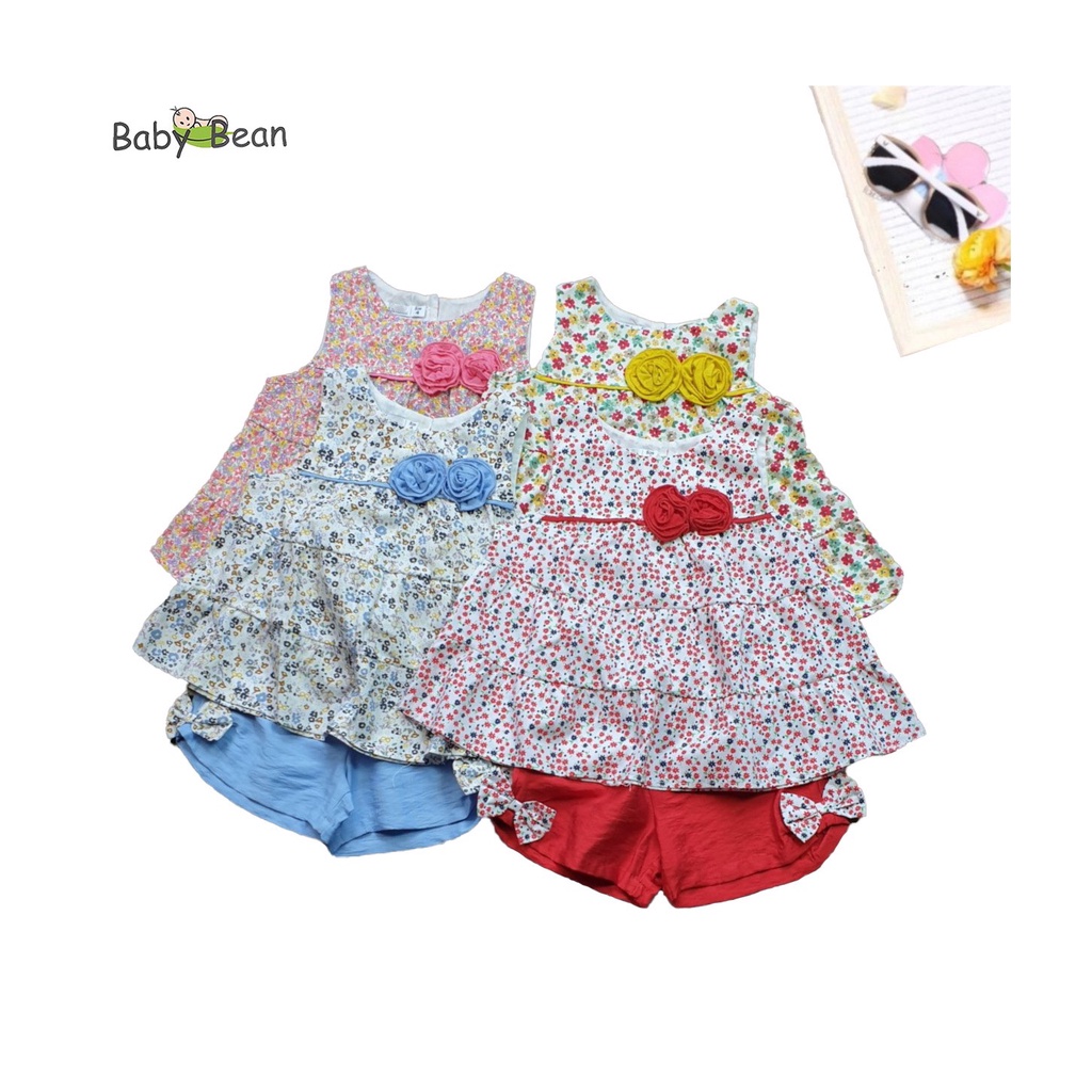 Bộ Đồ Cotton Đính Hoa Hồng Thắt Nơ Bé Gái BabyBean