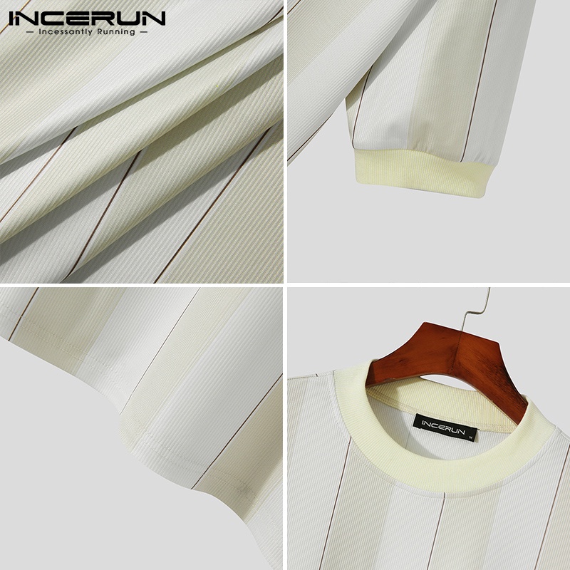 Áo thun Incerun ngắn tay cổ tròn họa tiết kẻ sọc 3 màu thời trang cho nam