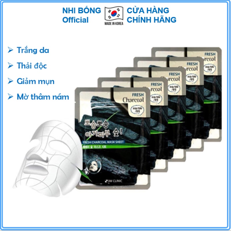 Mặt nạ than hoạt tính - Mặt nạ giấy dưỡng trắng da 3W Clinic Hàn Quốc [Combo 10 Túi / Hàng Nhập Khẩu]