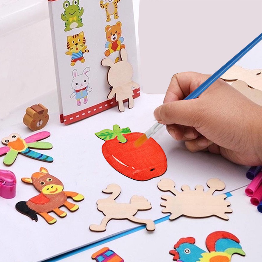 Đồ chơi giáo dục tập tô màu hình gỗ an toàn cho bé gồm 6-12 chi tiết hoạt hình nhiều chủ đề + Bộ màu vẽ 3023