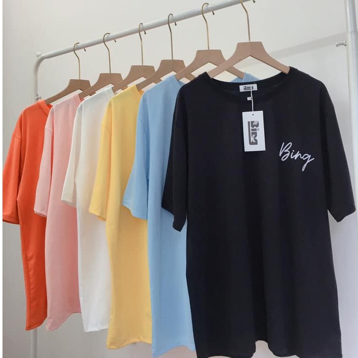 Áo thun unisex gam màu pastel tay lỡ in chữ ngực dáng dài