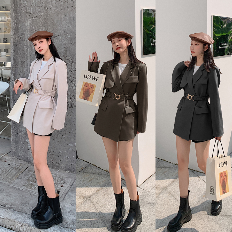 Áo Khoác Vest Tay Dài Màu Đen Thắt Dây Eo Thời Trang Mùa Thu 2020 Dành Cho Nữ