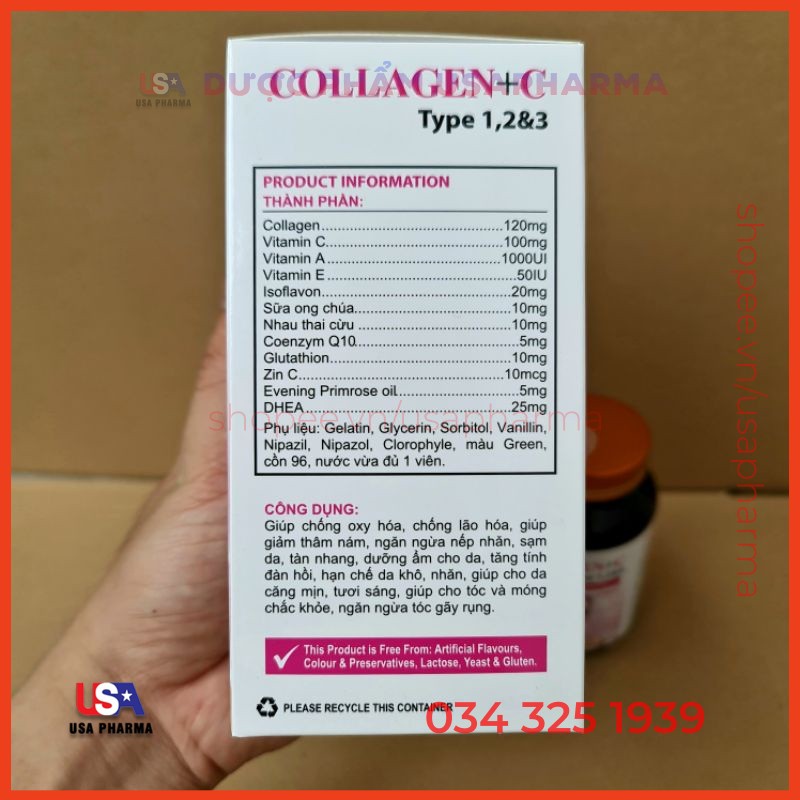 Viên uống ĐẸP DA, SÁNG DA COLLAGEN + C Plus nhau thai cừu sữa ong chúa 60 viên | USAPharma