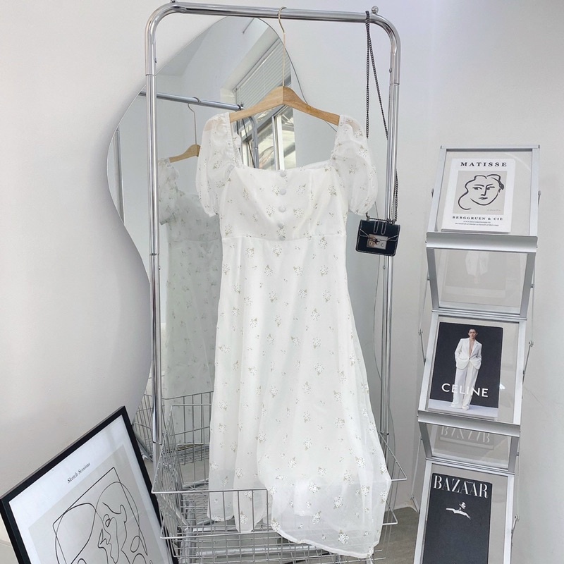 Đầm trắng hoa nút bọc tay voan | BigBuy360 - bigbuy360.vn