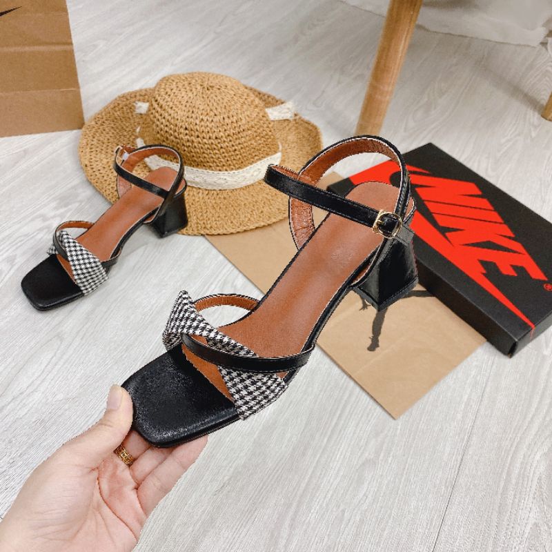 tuy²b(ẢNH THẬT) Sandal 5p Gót Vuông Caro Da Mềm Êm Fullbox