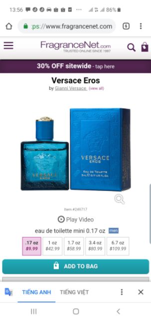 [BILL MỸ] Nước hoa mini nam Versace Eros 5ml | BigBuy360 - bigbuy360.vn