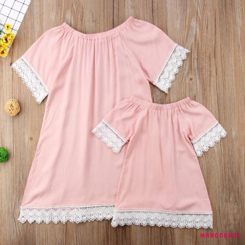 Đầm Tay Ngắn Phối Ren Hoa Cho Mẹ Và Bé