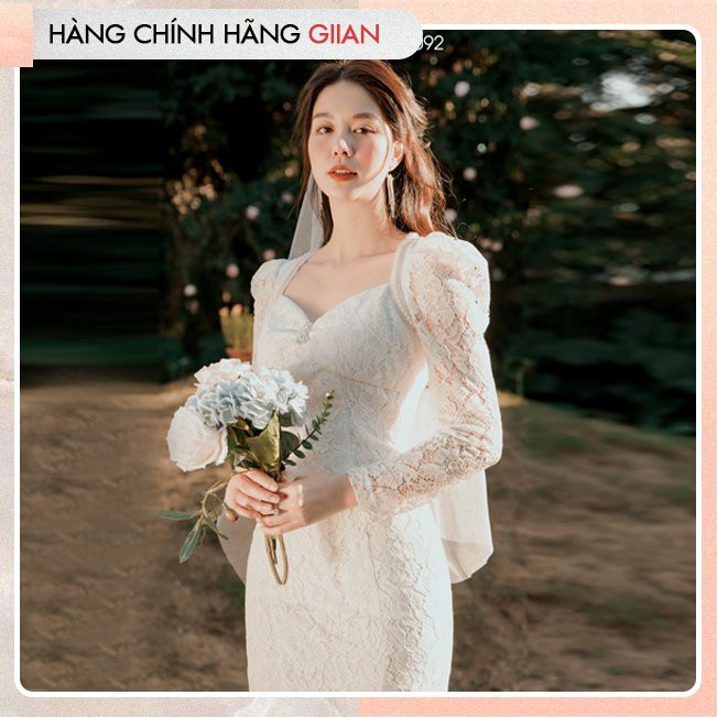 Giian - Váy cưới ren dài tay ôm dáng đính hoa đá, đầm dự tiệc xinh xắn - thiết kế chính hãng - V2092