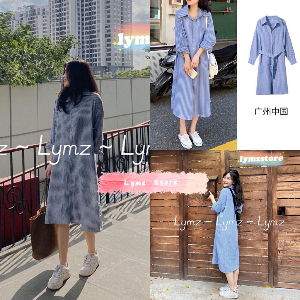 Váy sơ mi sọc suông, Đâm cổ sơ mi kẻ sọc dọc dáng dài , Phong cách Hàn Quốc - Lymz Store