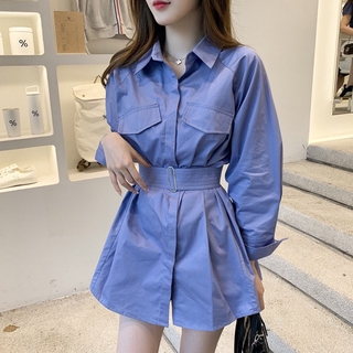 Đầm sơ mi dài tay cột dây eo phong cách hàn quốc thời trang cho nữ