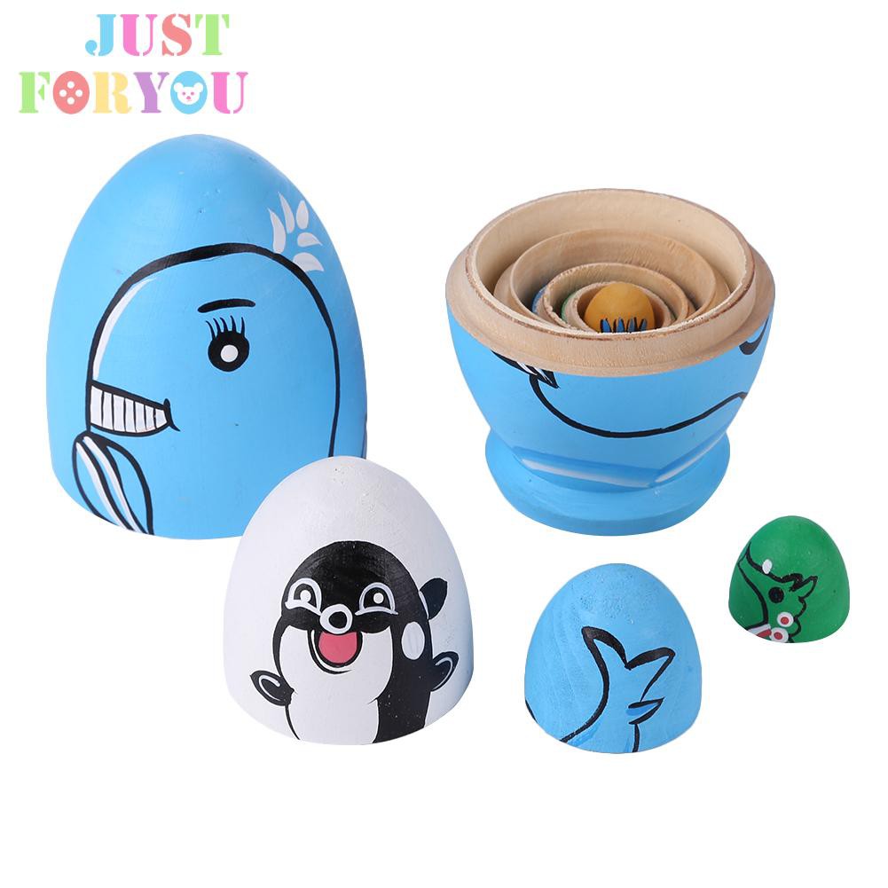 Đồ Chơi Búp Bê Nga Matryoshka Bằng Gỗ 5 Lớp Vẽ Tay Hình Cá Voi Xanh Kiểu Dân Tộc