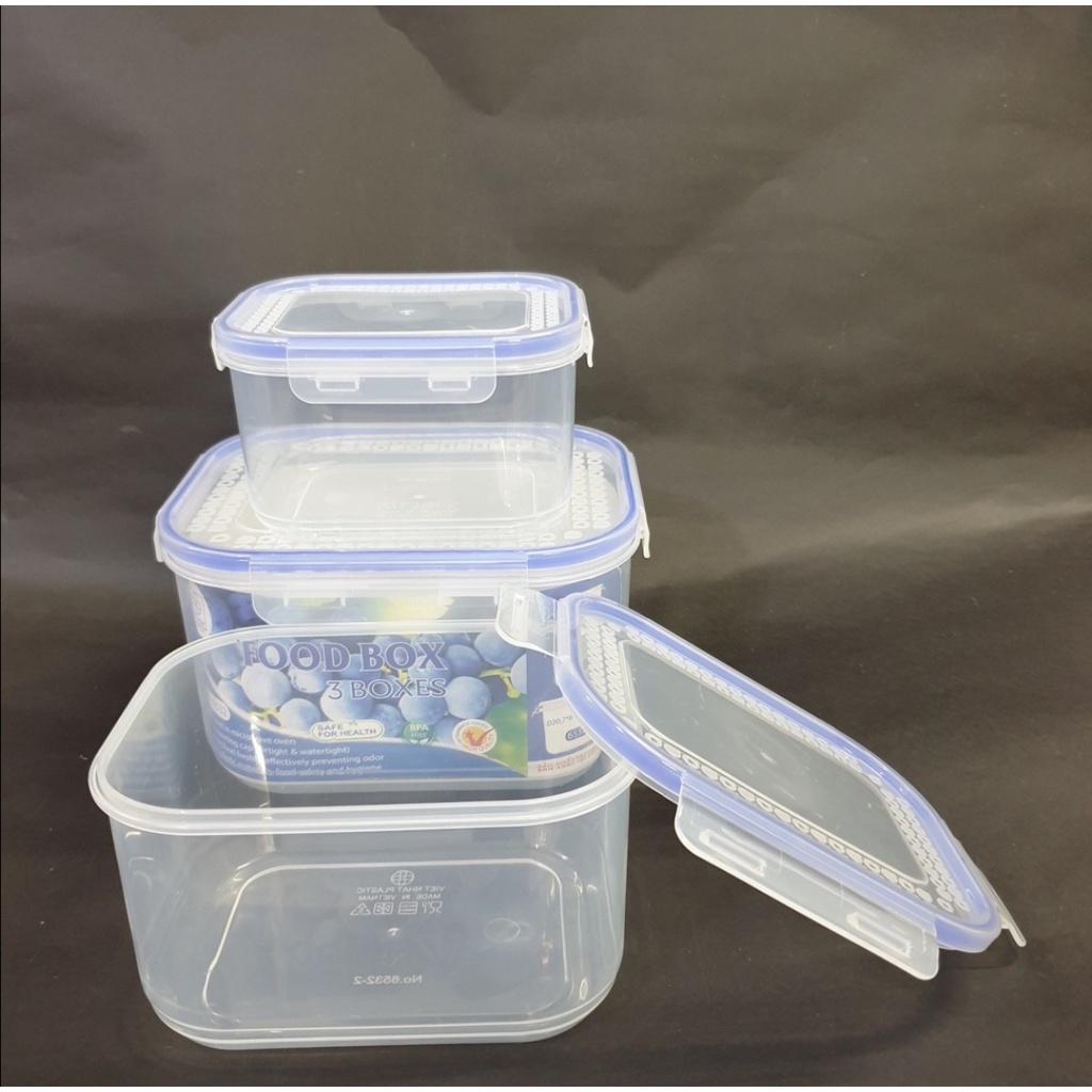 Bộ 3 hộp đựng thực phẩm nhựa Việt Nhật. kích thước: 20x14x9 cm. 18x12x7,5 cm 15,5x11x6 cm. Hộp bảo quản thức ăn