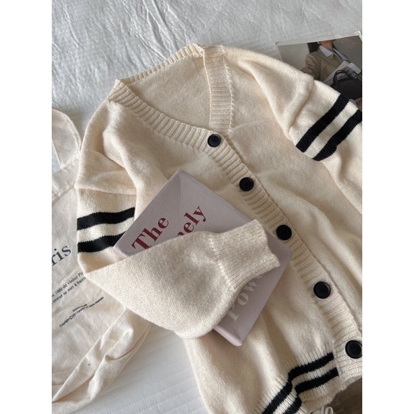 Áo Khoác Cardigan Len Sọc Tay Nữ - Halinh Shop - Cardigan Len Khuy To Hàn Quốc Mặc Thu Đông Size M L