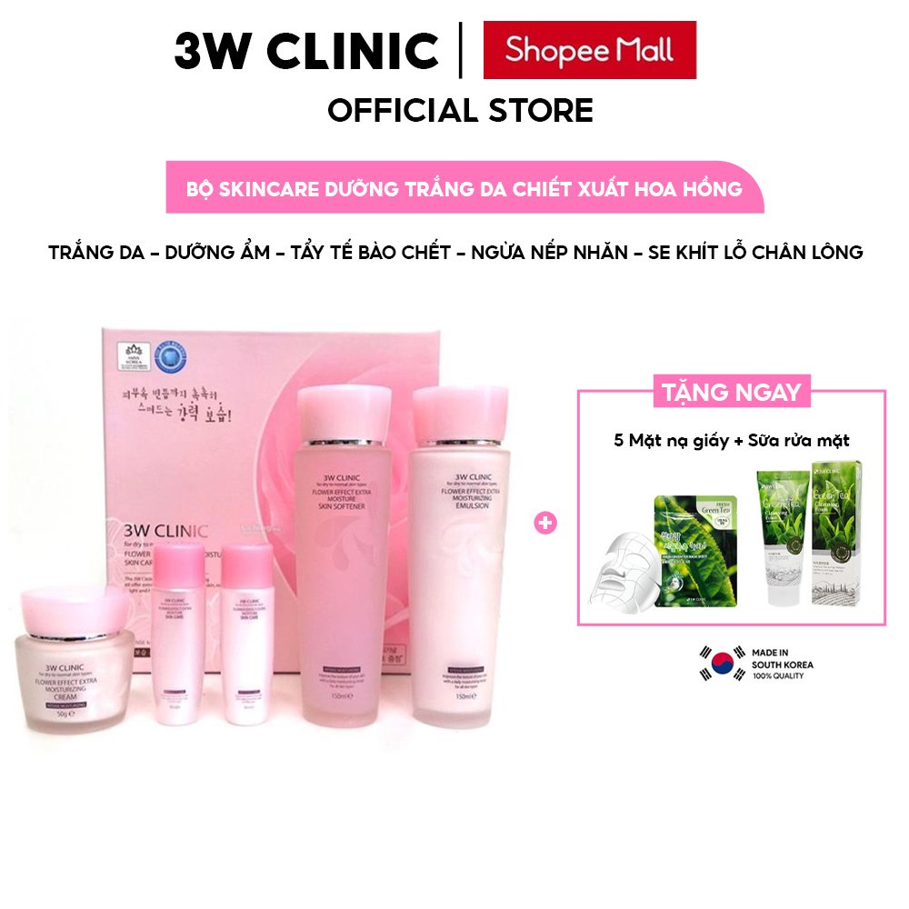 Bộ Skincare trắng da dưỡng ẩm 3W Clinic 5 in1 Hàn Quốc chiết xuất từ Hoa Hồng Full Sezi giúp da trắng sáng tự nhiên