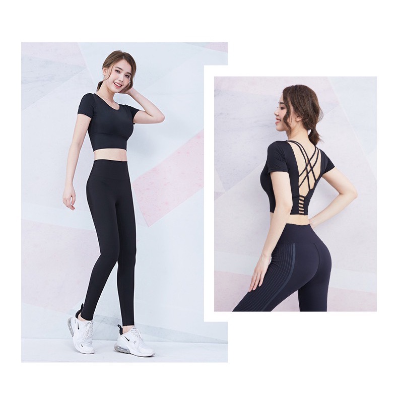 Bộ Đồ Tập Gym Yoga Nữ Quần Dài Áo Croptop Kèm Mút Đan Dây Lưng Chất Thun Lạnh Co Giãn Tốt