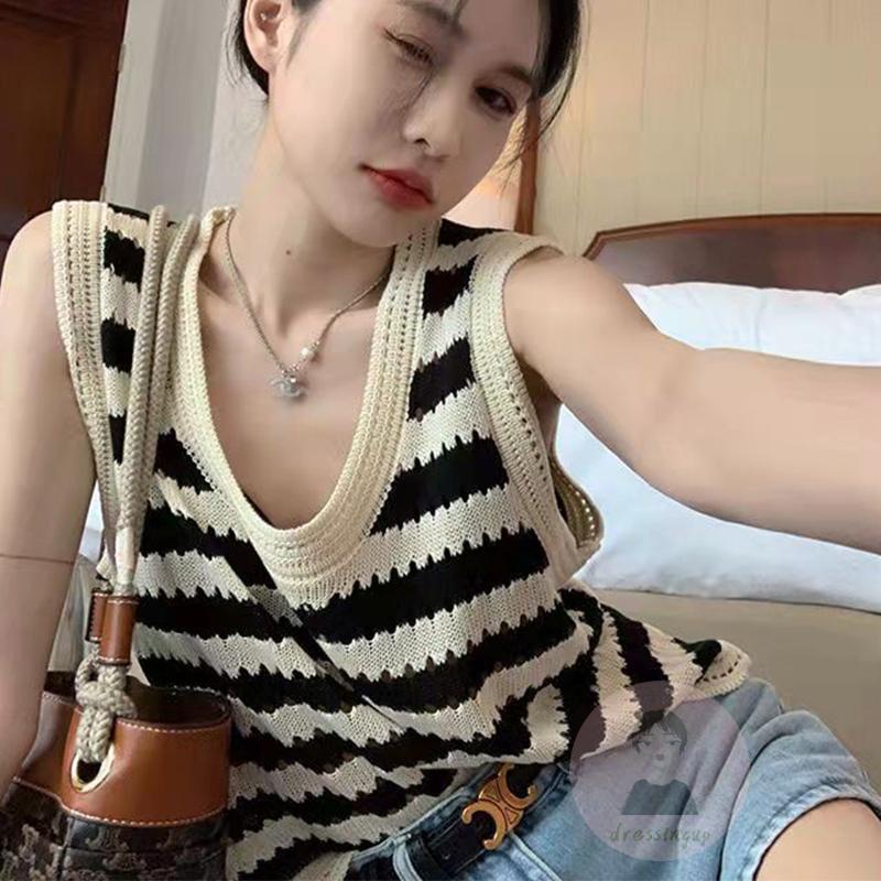 Áo Thun Ba Lỗ Không Tay Họa Tiết Sọc Màu Sắc Tương Phản Dành Cho Nữ