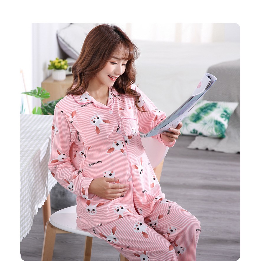 Đồ bộ bầu pijama bà bầu và sau sinh cho con bú ti dài tay thu đông mặc nhà có bigsize 80kg