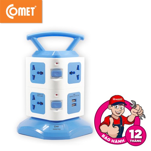 Ổ Cắm Điện Đa Năng COMET CES6703 2500W Hình Tháp dây dài 3m, 7 lỗ cắm 3 chấu, 2 cổng sạc USB