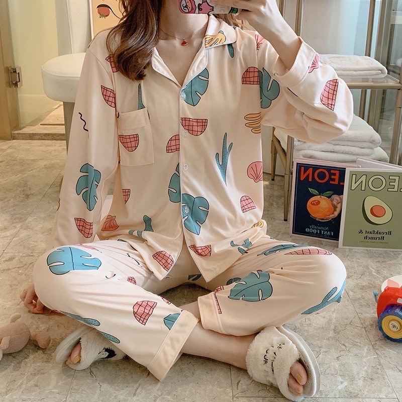 Pijama Quảng Châu cao cấp có size - Bộ mặc nhà pijama nữ dài tay quần dài chất cotton pha len nhiều hoạ tiết trẻ trung