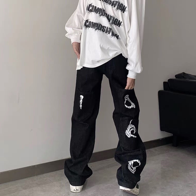 Quần jean ống rộng họa tiết tay xương phong cách hiphop