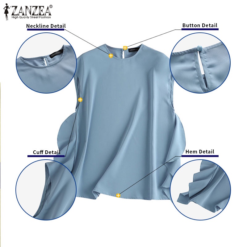 ZANZEA Áo Kiểu Tay Ngắn Cổ Tròn Cài Nút Sau Lưng Thời Trang Cho Nữ