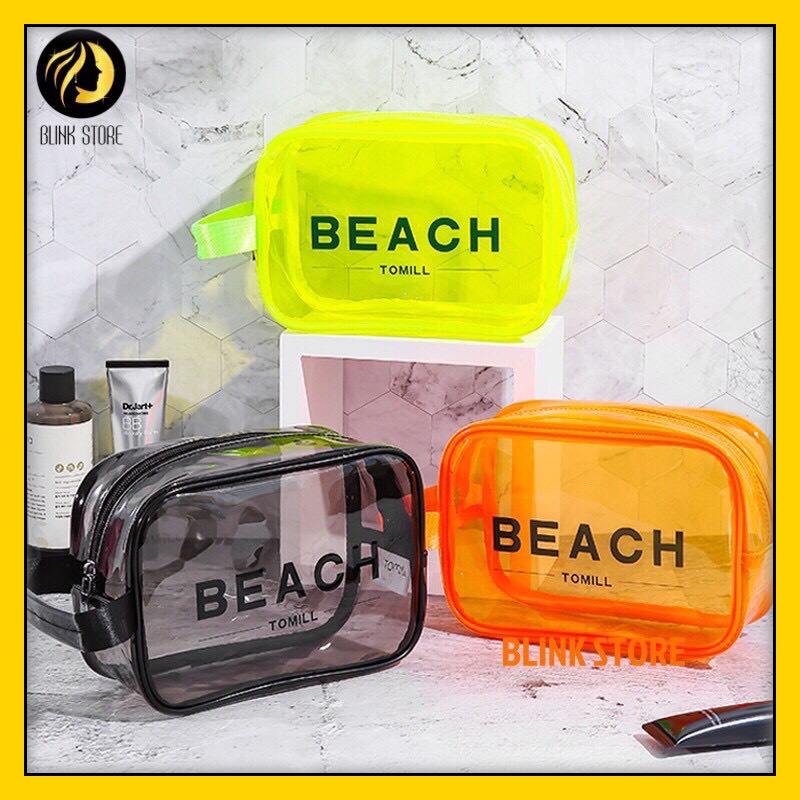 Túi đựng mỹ phẩm BEACH, cất giữ đồ cá nhân đi du lịch, chất liệu nhựa PU dẻo cao cấp trong suốt 3 màu sành điệu