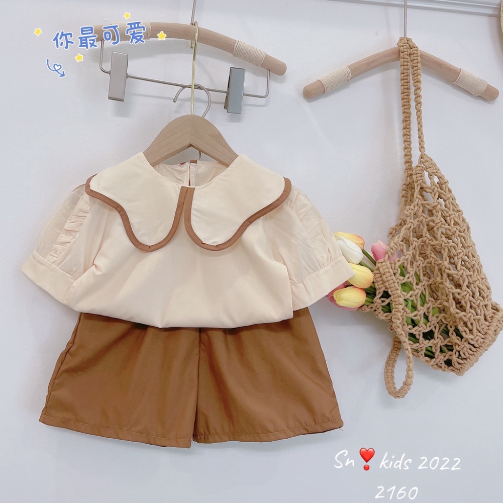 Sét đồ bé gái kiểu dáng vintage, set áo kem cổ viền lượn sóng kèm quần nâu phong cách Hàn Quốc size bé 10-30kg