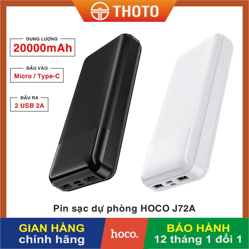 Pin sạc dự phòng di động CHÍNH HÃNG HOCO J72A dung lượng cao 20000 mAh, đầu vào Micro/ Type-C, 2 cổng ra USB 2A, báo LED