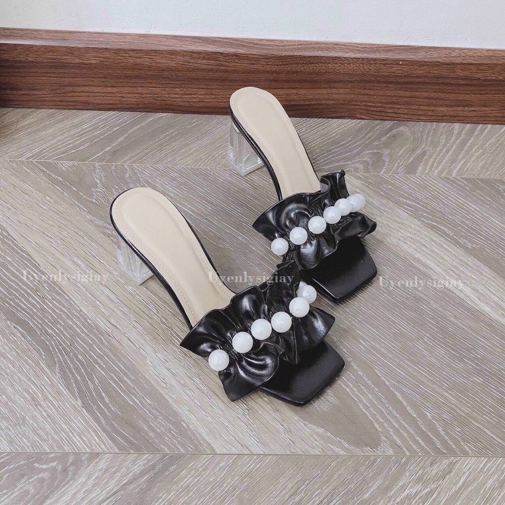 Dép nữ quai nhúm đính hạt cườm gót 7cm cực xinh