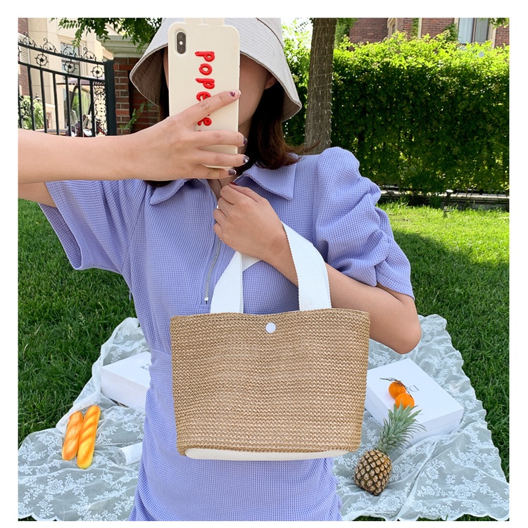 Túi Cói Đi Biển Xách Tay 2 Lớp Quai Vải L1829 - LoanTay