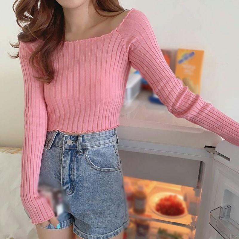 Korean Simple Slimming Square Neck Pit Strip Solid Long Sleeve T-shirt