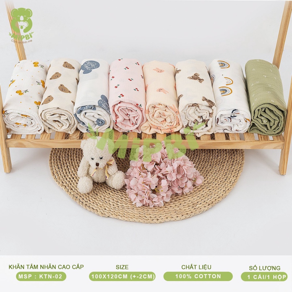 Khăn tắm nhăn cao cấp 4 lớp Mipbi kích thước 120x120cm 100% Cotton mềm mại