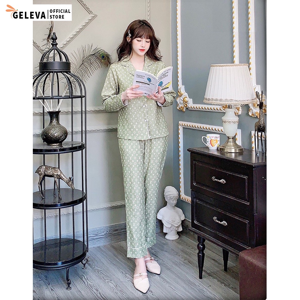 Đồ bộ mặc nhà ngủ nữ pijama thu đông nữ chất Nhung Chéo họa tiết LV chìm cao cấp áo dài tay Geleva G