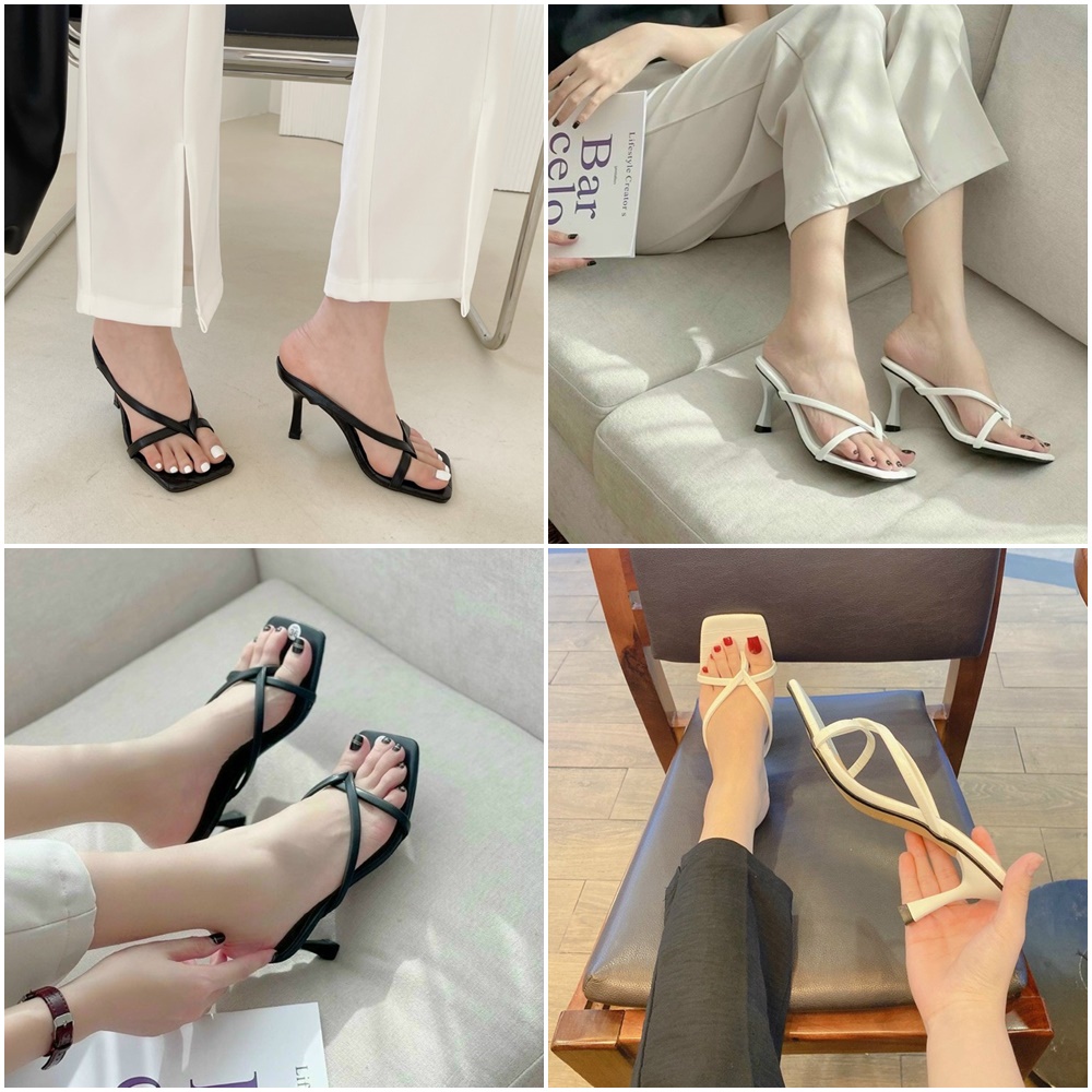 Guốc xỏ ngón nữ cao 7p quai mảnh kẹp xỏ ngón xinh mũi vuông gót nhọn màu đen/trắng NHƯ Ý