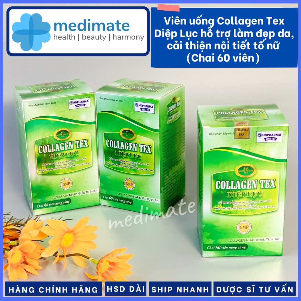 Viên uống Collagen TEX Diệp lục giúp làm đẹp da, làm chậm lão hóa, cải thiện nội tiết tố nữ (Chai 60 viên)
