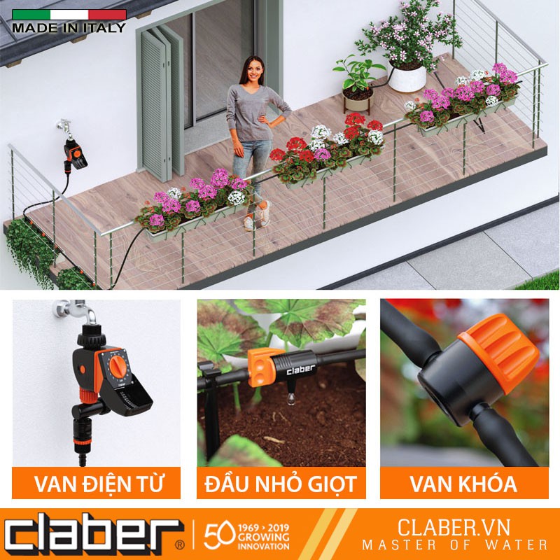 Đầu Tưới Nhỏ Giọt Điều Chỉnh [Made In Itlay] 0-6 lít/giờ Claber 91217,bịch 10 cái, kết nối ống 4-6mm