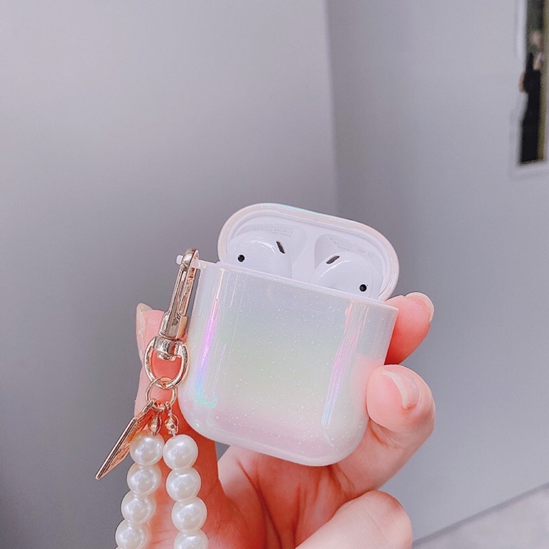 Vỏ bọc bảo vệ màu ánh Trắng Kèm Chuỗi Dài cho hộp sạc tai nghe Airpods 1 / 2 Pro - Mr.Case Airpods